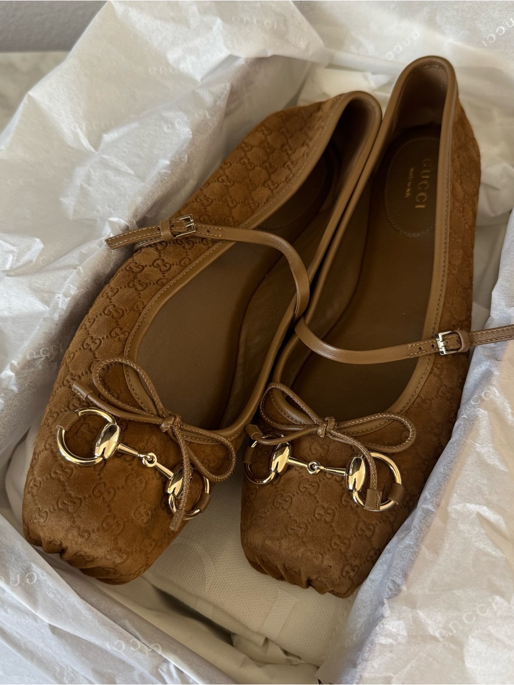 Gucci Brown Suede GG Horsebit Ballet Flats with Ankle Strap - Picture 5 of 7
